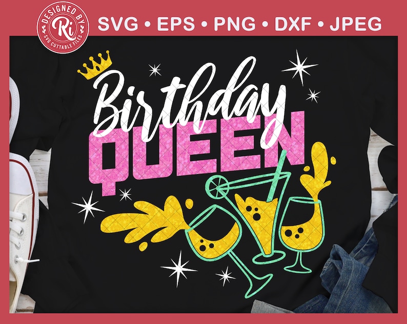 May include: Black t-shirt with the text "Birthday Queen" in pink glitter letters. A crown is above the text. There are yellow and green drink illustrations with a lime wedge and a straw.