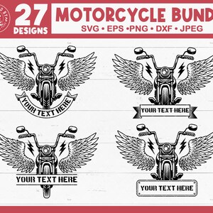 May include: A set of 27 motorcycle designs with wings. The motorcycles are black and white and have a vintage style. The designs are perfect for creating t-shirts, mugs, stickers, and other merchandise.