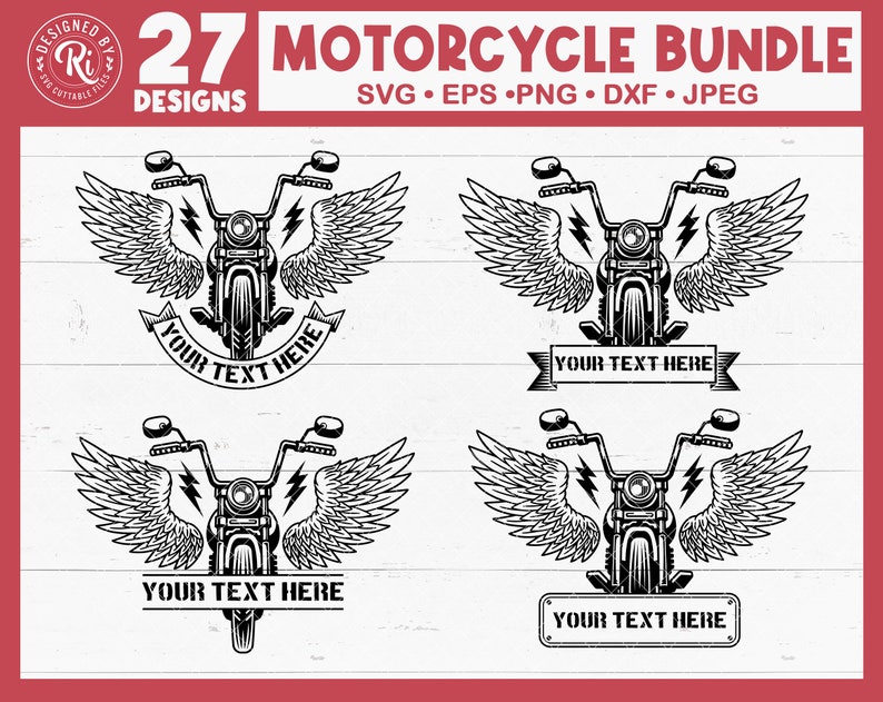 May include: A set of 27 motorcycle designs with wings. The motorcycles are black and white and have a vintage style. The designs are perfect for creating t-shirts, mugs, stickers, and other merchandise.