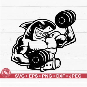 Bodybuilder squalo con manubri in formato SVG, modalità bestia in formato EPS, maglietta da palestra in formato Jpg, allenamento in formato Png, fitness, sollevamento pesi, muscoli, logo della palestra, motivazione in formato DXF