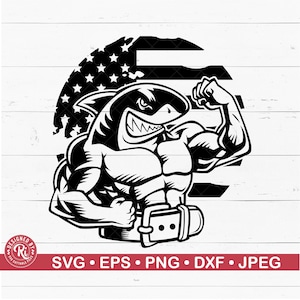Tiburón estadounidense (SVG), Modo Bestia (EPS), Camiseta de gimnasio (JPG), Entrenamiento (PV), Fitness, Levantamiento de pesas, Músculos, Logotipo de gimnasio, Patriota, Bandera estadounidense
