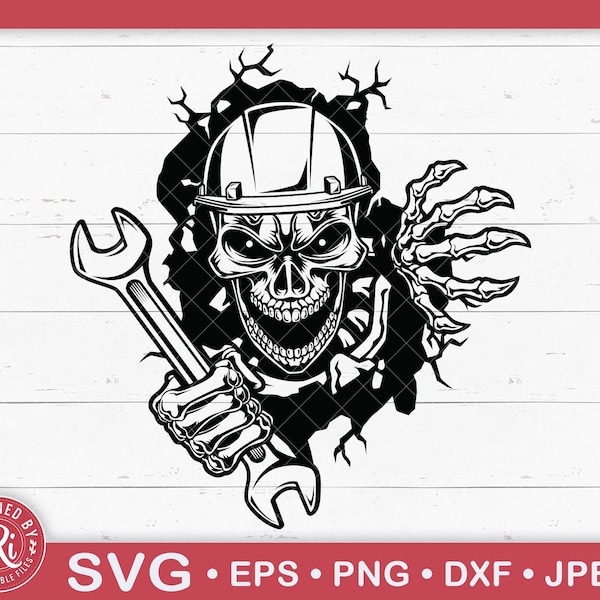 Smashed Wall Mechanic Skull Svg, Mechanic Svg, Wrench Clipart, Handyman Svg, Repair Svg, Tools Svg, Construction Svg, Skull Svg, Skeleton