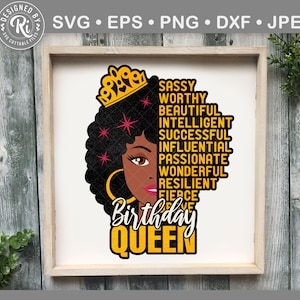 May include: A digital illustration of a Black woman with a crown on her head. The words "Sassy, Worthy, Beautiful, Intelligent, Successful, Influential, Passionate, Wonderful, Resilient, Fierce, Birthday Queen" are written around her head.