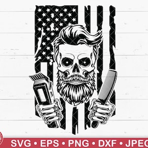 US Bearded Skull Barber Svg, Barber Shop Logo, Hair Stylist, Hair Hustler, Hairstylist, Hair Salon, Hair Dresser, Logo, Flag, Razor, Comb