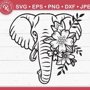 Puede incluir: Ilustración en blanco y negro de una cabeza de elefante adornada con flores. Incluye el texto "SVG • EPS • PNG • DXF • JPEG" y "DESIGNED BY SVG CUTTABLE FILES". Ideal para proyectos de manualidades y decoración.