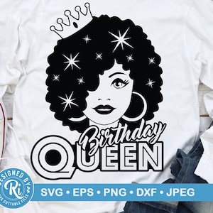May include: Black and white graphic design of a woman with a crown on her head and the text "Birthday Queen".