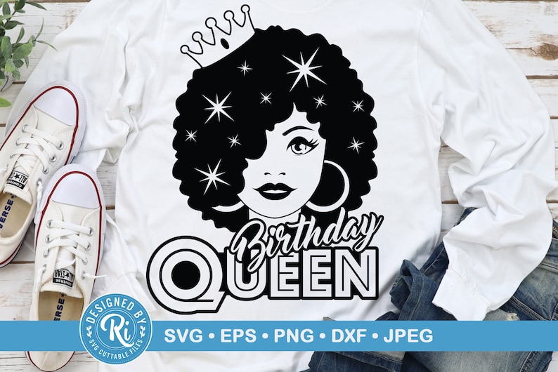 May include: Black and white graphic design of a woman with a crown on her head and the text "Birthday Queen".