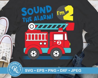 Brandbilsfödelsedagssvg för Cricut och Silhouette, brandbil, 2 år gammal, 2-årsdag, fest, inbjudan, t-shirt, eps, dxf, jpeg, png