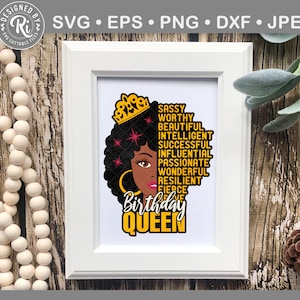 May include: A white frame with a black and yellow graphic of a woman with a crown and the words "Sassy, Worthy, Beautiful, Intelligent, Successful, Influential, Passionate, Wonderful, Resilient, Fierce, Birthday Queen".