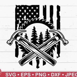 Logo patriotique de charpentier avec un marteau croisé et le drapeau des Etats-Unis Svg, exploitation forestière, forêt, charpentier, construction, homme à tout faire, américain, Cricut
