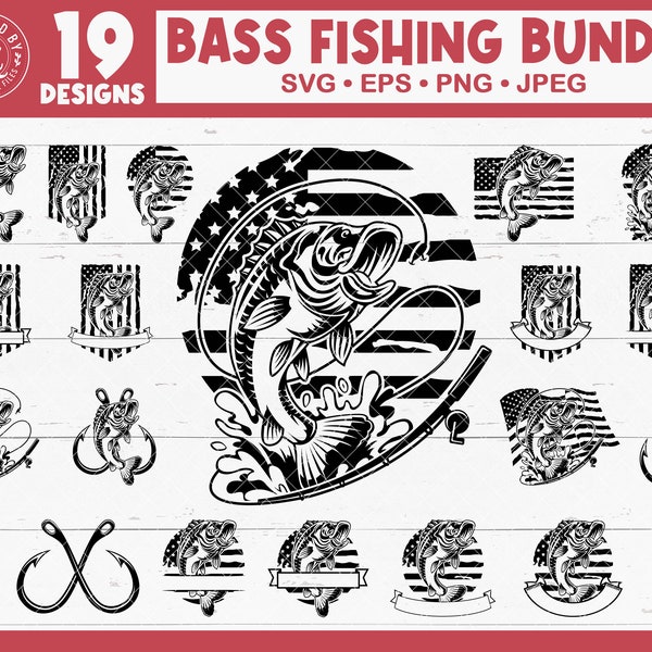 Bass Fishing Svg Bundle, USA Bass Fishing Monogram Svg, US Bass Fish Svg, Fishing Logo, Bass Angling Svg, Fishing Trip Eps, Fisherman Png