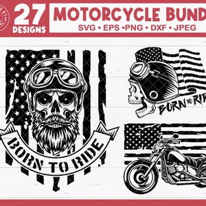 May include: A black and white digital illustration of a motorcycle with an American flag background. The motorcycle has a skull with a beard and a helmet on it. The text "Born to Ride" is written on a banner.