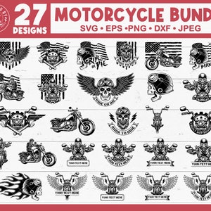May include: A set of 27 black and white motorcycle designs, including skulls, wings, and American flags. The designs are perfect for creating t-shirts, mugs, stickers, and other crafts.