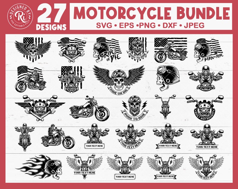 May include: A set of 27 black and white motorcycle designs, including skulls, wings, and American flags. The designs are perfect for creating t-shirts, mugs, stickers, and other crafts.