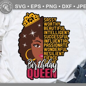 May include: A digital illustration of a Black woman with a crown on her head. The woman is wearing gold earrings and has pink lipstick. The text "Sassy Worthy Beautiful Intelligent Successful Influential Passionate Wonderful Resilient Fierce Birthday Queen" is written in yellow and pink letters.