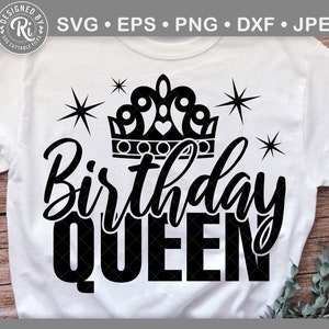 May include: White t-shirt with a black graphic. The design includes a crown, starbursts, and the words "Birthday QUEEN" in a bold font. The t-shirt has a crew neck.