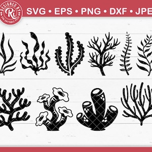 May include: A set of ten black and white silhouette images of various sea life, including seaweed, coral, and kelp. The images are ideal for crafting, scrapbooking, or digital design.