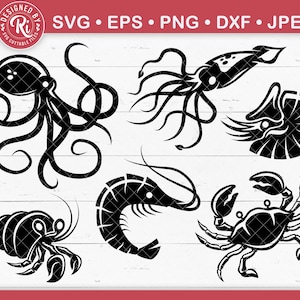 May include: Black and white SVG cut files featuring various sea creatures, including an octopus, squid, nautilus, hermit crab, shrimp, and crab. The image also includes the text "SVG, EPS, PNG, DXF, JPEG".