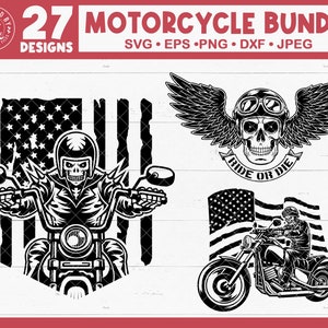May include: A set of 27 motorcycle designs featuring a skull biker riding a motorcycle in front of an American flag, a skull with wings and the text "Ride or Die", and a biker riding a motorcycle in front of an American flag.