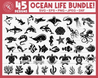Sea Animals Svg Bundle, Sea Life Svg, Ocean Animals Svg Bundle, Marine Life, Fishes, Underwater, Sharks, Turtles, Corals, Octopus, Starfish