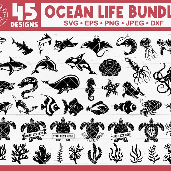 Sea Animals Svg Bundle, Sea Life Svg, Ocean Animals Svg Bundle, Marine Life, Fishes, Underwater, Sharks, Turtles, Corals, Octopus, Starfish