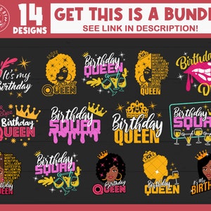 May include: A set of 14 birthday queen themed designs featuring crowns, wine glasses, and text. The designs are in pink, yellow, blue, and black on a dark background.
