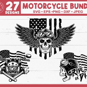 May include: A set of 27 motorcycle designs featuring a skull with wings, a motorcycle with wrenches, and a skull with a helmet and the text "Ride or Die". All designs are in black and white and feature an American flag.