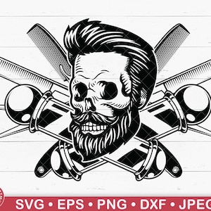 Bärtiger Schädel Barber SVG, Barbershop Logo, Friseursalon Logo, Schädel Haarschnitt, Schädel Frisur, Schädel mit Schnurrbart, Mode Schädel, Schädel Kopf