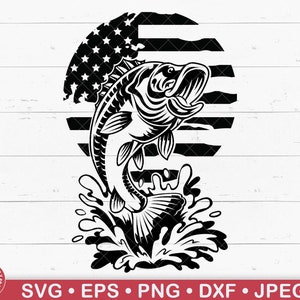 May include: Black and white graphic of a largemouth bass leaping out of water, set against a backdrop resembling the American flag. The design includes water splashes and the fish's open mouth. The bottom of the image displays file type options.
