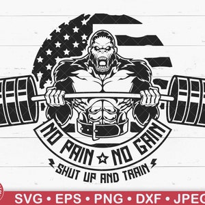 Svg No Pain No Gain, Drapeau des États-Unis, Gorille musclé, Graphismes du logo de la salle de sport, Fichiers EPS d'entraînement, Jpeg de motivation pour la remise en forme, Image vectorielle de l'Amérique, Citation motivante