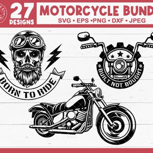 May include: A black and white illustration of a motorcycle with the text "Born to Ride" and a skull with a beard wearing a helmet. The motorcycle has a gear with the text "Built Not Bought" above it.