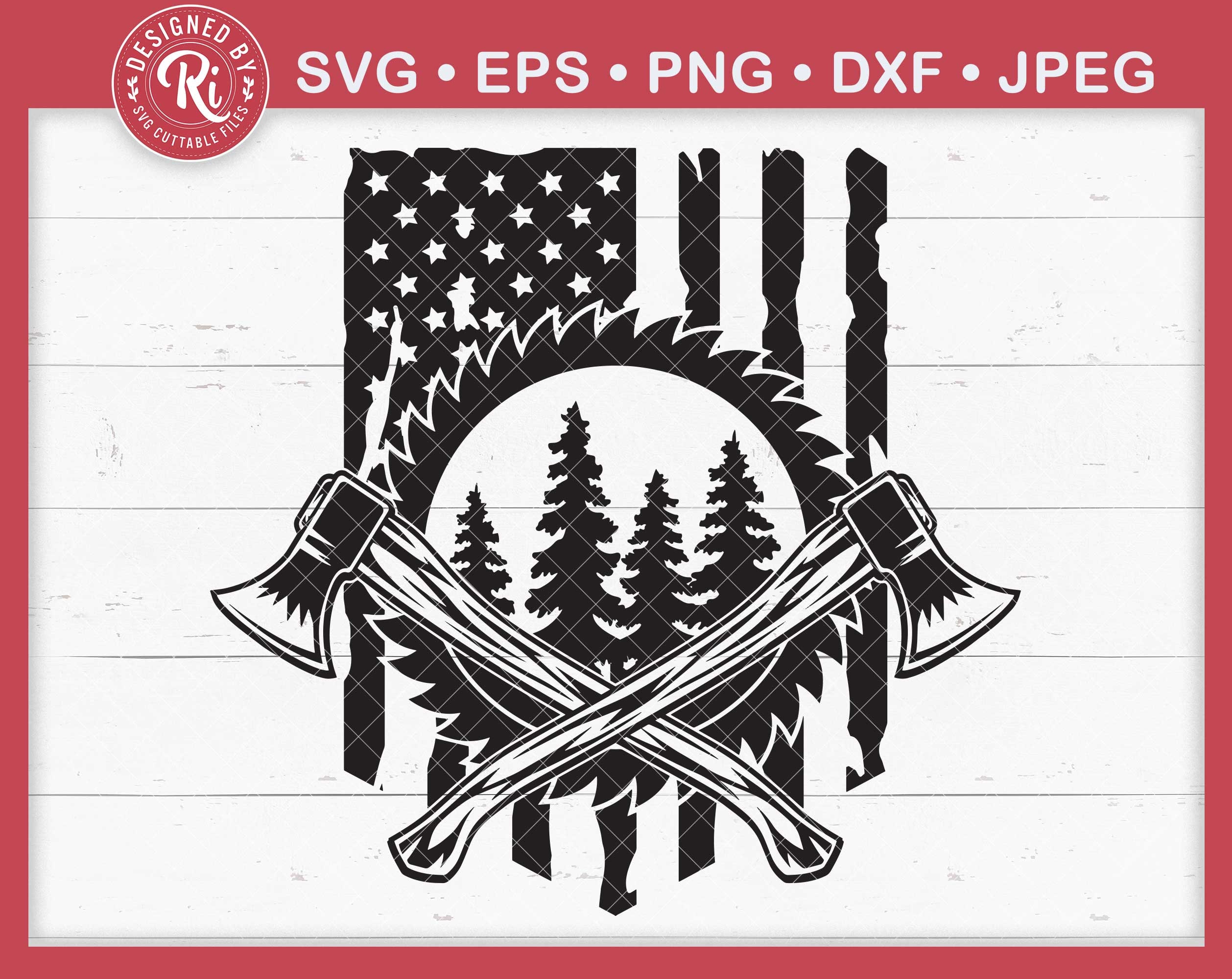 Patriotic Lumberjack Logo with Saw Crossed Axe and USA Flag Svg, Logging, Woodland, Carpenter, Construction, Handyman, Timberland, American