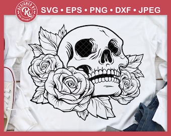 May include: Black and white line art illustration of a skull with roses. The skull is facing forward and has a large, open mouth. The roses are arranged around the skull and have a detailed, realistic design.