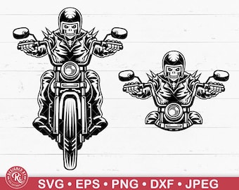 May include: Black and white illustration of a skeleton riding a motorcycle. The motorcycle has a large front wheel and a smaller back wheel. The skeleton is wearing a helmet and a leather jacket. The motorcycle has spikes on the handlebars and the seat.