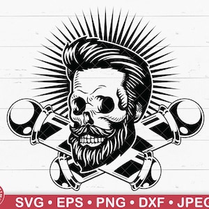 Logotipo da barbearia, crânio barbudo barbeiro svg, logotipo do salão de cabeleireiro, corte de cabelo de caveira, penteado de caveira, caveira com bigode, caveira de moda, cabeça de caveira