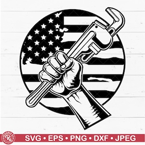 US Raised Arm Holding Pipe Wrench Svg, Tools, Repairman, Handyman, Construction, Contractor Logo, Small Business, Cricut, America Flag, Png