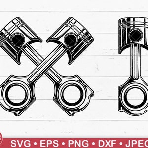 May include: Two black and white crossed engine pistons with a single black and white engine piston to the right.  The pistons are a common automotive part.