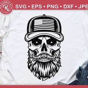 May include: Black and white illustration of a skull wearing a baseball cap with an American flag design. The skull has a beard and mustache.