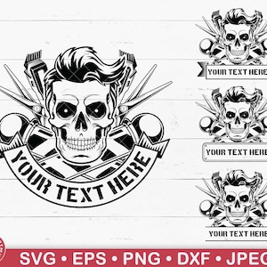 May include: Black and white barber-themed design featuring a skull with a pompadour hairstyle, surrounded by barber tools like scissors and clippers. The design includes a banner with the text "YOUR TEXT HERE". Additional versions with different banner styles are also shown.