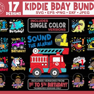 Kinder Geburtstags-Svg Bundle, 1., 2., 3., 4., 5., Feuerwehrauto, Dinosaurier, Monstertruck, Hubschrauber, Bagger, Polizeiauto, Flugzeug, Prinzessin