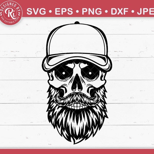 Bearded Skull with Cap Svg, Bearded Man, Day of the Dead, Dad, Mechanic, Skeleton Head, Gothic, Shirt, Cut File, Clipart, Png, Dxf, Eps