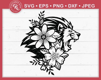Floral Lion Svg, Lion Svg, Lion Face Svg, Lion Head Svg, Lion Cut File, Lion Vector, Leo Svg, Safari Animal Svg, Animals Svg, Lion Tattoo