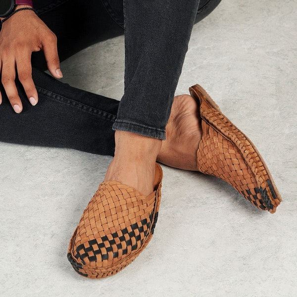 Men's Handmade Leather Mules, Wedding Shoes, Woven Style, Tan & Black Leather Sandals - Perfect Gift for Him, Groomsmen Huaraches Men