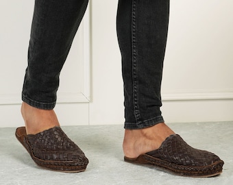Dark Brown Woven Leather Mules – Handmade Groomsmen Shoes