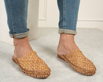 Men's Tan Woven Leather Mules - Handmade Huarache Sandals