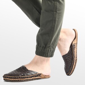 Dark Brown Woven Leather Mules - Handmade Boho Comfort Sandals