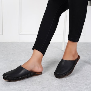 Vintage Black Solid Leather Clog Mules - Unique Gift for Women | Boho Hippie Comfort Sandals