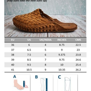 Fashionable and Fun: Handmade Leather Huarache Woven Mules in Multi-Color Delight. size chart