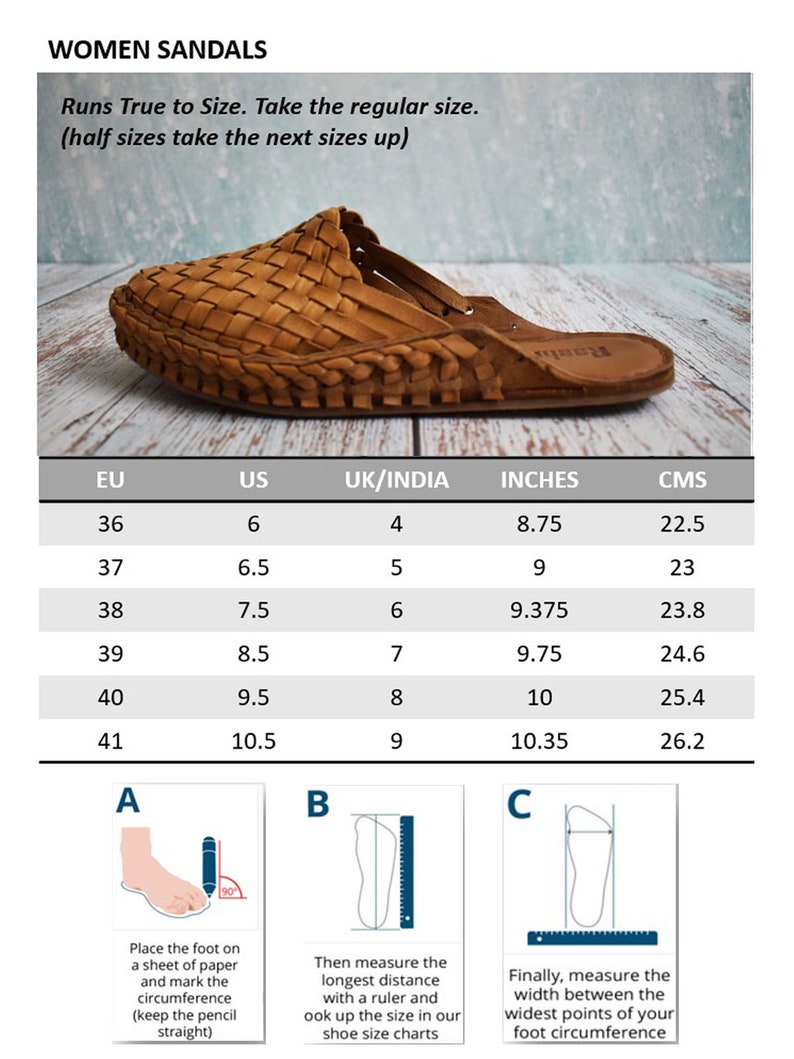 Fashionable and Fun: Handmade Leather Huarache Woven Mules in Multi-Color Delight. size chart