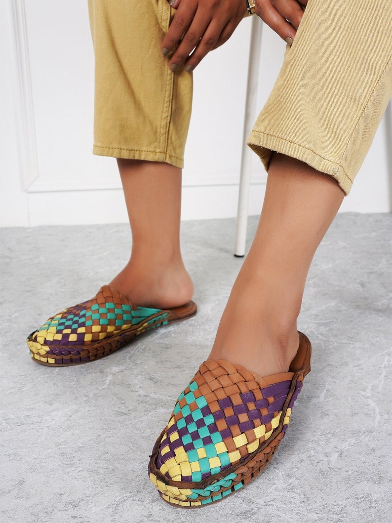 Vibrant Women's Handmade Leather Huarache Woven Mules - A Burst of Multi-Color Style